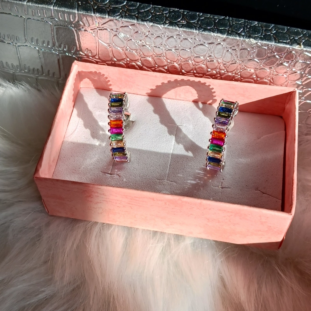 Multicolored Silver Hoop Earrings - Picture 9 of 10